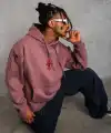 Erkek 3 İplik Pamuklu Kapüşonlu Baskılı Cepli Sweatshirt Hoodie - Gül Kurusu
