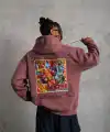 Erkek 3 İplik Pamuklu Kapüşonlu Baskılı Cepli Sweatshirt Hoodie - Gül Kurusu