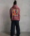 Erkek 3 İplik Pamuklu Kapüşonlu Baskılı Cepli Sweatshirt Hoodie - Gül Kurusu