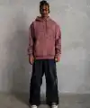 Erkek 3 İplik Pamuklu Kapüşonlu Baskılı Cepli Sweatshirt Hoodie - Gül Kurusu