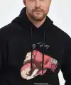 Erkek 3 İplik Pamuklu Kapüşonlu Cepli Boxy Eldiven Baskılı Hoodie Sweatshirt - Siyah
