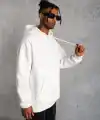 Erkek 3 İplik Pamuklu Kapüşonlu Cepli Düz Oversize Hoodie Sweatshirt - Beyaz