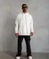 Erkek 3 İplik Pamuklu Kapüşonlu Cepli Düz Oversize Hoodie Sweatshirt - Beyaz