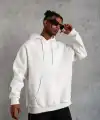 Erkek 3 İplik Pamuklu Kapüşonlu Cepli Düz Oversize Hoodie Sweatshirt - Beyaz