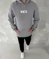 Erkek 3 İplik Pamuklu Kapüşonlu Kanguru Cepli Baskılı Oversize Hoodie Sweatshirt - Gri