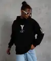 Erkek 3 İplik Pamuklu Kapüşonlu Kanguru Cepli Baskılı Oversize Hoodie Sweatshirt - Siyah