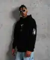 Erkek 3 İplik Pamuklu Kapüşonlu Kanguru Cepli Baskılı Oversize Hoodie Sweatshirt - Siyah