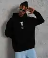 Erkek 3 İplik Pamuklu Kapüşonlu Kanguru Cepli Baskılı Oversize Hoodie Sweatshirt - Siyah