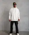 Erkek 3 İplik Pamuklu Kapüşonlu Kanguru Cepli Sweatshirt Hoodie - Beyaz