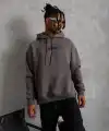 Erkek 3 İplik Pamuklu Kapüşonlu Kanguru Cepli Sweatshirt Hoodie -  Gri