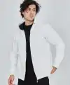 Erkek 3 İplik Pamuklu Kapüşonlu Tam Fermuarlı Cepli Hoodie Sweatshirt - Beyaz