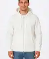 Erkek 3 İplik Pamuklu Kapüşonlu Tam Fermuarlı Cepli Hoodie Sweatshirt - Beyaz