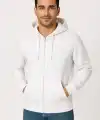 Erkek 3 İplik Pamuklu Kapüşonlu Tam Fermuarlı Cepli Hoodie Sweatshirt - Beyaz