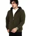 Erkek 3 İplik Pamuklu Kapüşonlu Tam Fermuarlı Cepli Hoodie Sweatshirt - Haki