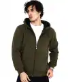 Erkek 3 İplik Pamuklu Kapüşonlu Tam Fermuarlı Cepli Hoodie Sweatshirt - Haki