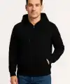 Erkek 3 İplik Pamuklu Kapüşonlu Tam Fermuarlı Cepli Hoodie Sweatshirt - Siyah
