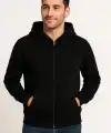 Erkek 3 İplik Pamuklu Kapüşonlu Tam Fermuarlı Cepli Hoodie Sweatshirt - Siyah