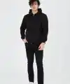Erkek 3 İplik Pamuklu Kapüşonlu Tam Fermuarlı Cepli Hoodie Sweatshirt - Siyah
