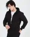 Erkek 3 İplik Pamuklu Kapüşonlu Tam Fermuarlı Cepli Hoodie Sweatshirt - Siyah
