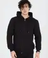 Erkek 3 İplik Pamuklu Kapüşonlu Tam Fermuarlı Cepli Hoodie Sweatshirt - Siyah
