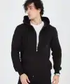Erkek 3 İplik Pamuklu Kapüşonlu Tam Fermuarlı Cepli Hoodie Sweatshirt - Siyah