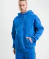 ERKEK 3 İplik Pamuklu Oversize Kapüşonlu Yıkamalı Hoodie SweatShirt - Mavi