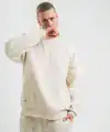 Erkek 3 İplik Pamuklu Yağ Yıkamalı Bisiklet Yaka Sweatshirt Oversize Hoodie - Krem