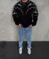 Erkek 3 iplik pamuklu Yıldırım Baskılı Bisiklet Yaka SweatShirt - Siyah