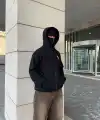 Erkek 3 iplik Samuray kapüşonlu ZIP Fermuarlı SweatShirt Hoodie - Siyah