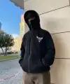 Erkek 3 iplik Samuray kapüşonlu ZIP Fermuarlı SweatShirt Hoodie - Siyah
