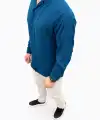 Erkek Aerobin Kumaş Oversize 4 Mevsim Uzun Kollu Rahat Kalıp Gömlek - İndigo