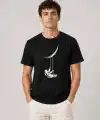 Erkek Astronot Ay Temalı Tişört Kısa Kol Yazlık Bisiklet Yaka T-Shirt - Siyah