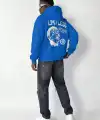 Erkek Baskılı Kapüşonlu Cepli Hoodie 3 İplik Pamuklu Sweatshirt - Saks Mavisi