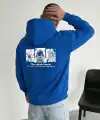 Erkek Baskılı Kapüşonlu Cepli Hoodie 3 İplik Pamuklu Sweatshirt - Saks Mavisi
