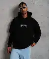 Erkek Baskılı Kapüşonlu ve Kanguru Cepli Sweatshirt hoodie- Siyah