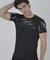Erkek Baskılı T-Shirt Kısa Kol Bisiklet Yaka Göğüs Fermuarlı Slimfit Tişört  - Siyah
