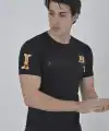 Erkek Baskılı T-Shirt Kısa Kol Bisiklet Yaka Göğüs Fermuarlı Slimfit Tişört  - Siyah