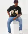 Erkek Baskılı T-Shirt Kısa Kol Bisiklet Yaka Rahat Kalıp Günlük Tişört - Siyah