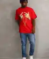 Erkek Baskılı T-Shirt Kısa Kol Bisiklet Yaka Rahat Kalıp Tişört - Kırmızı