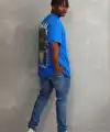 Erkek Baskılı T-Shirt Kısa Kol Bisiklet Yaka Rahat Kalıp Tişört  - Mavi