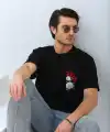 Erkek Baskılı T-Shirt Kısa Kol Bisiklet Yaka Rahat Kalıp Tişört  - Siyah