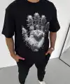 Erkek Baskılı T-Shirt Kısa Kol Bisiklet Yaka Regular Fit Rahat Kalıp Günlük Tişört - Siyah