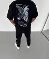 Erkek Baskılı T-Shirt Kısa Kol Bisiklet Yaka Regular Fit Rahat Kalıp Günlük Tişört - Siyah
