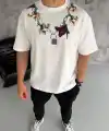 Erkek Baskılı T-Shirt Kısa Kol Bisiklet Yaka Regular Fit Tişört - Beyaz