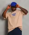 Erkek Baskılı Tişört Kısa Kol Bisiklet Yaka Oversize T-Shirt - Bej