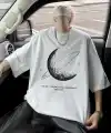 Erkek Baskılı Tişört Kısa Kol Bisiklet Yaka Oversize T-Shirt - Beyaz
