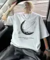 Erkek Baskılı Tişört Kısa Kol Bisiklet Yaka Oversize T-Shirt - Beyaz