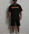 Erkek Baskılı Tişört Kısa Kol Bisiklet Yaka Oversize T-Shirt - Siyah