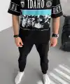 Erkek  Baskılı Yarım Fermuarlı  Kısa kol T-Shirt - Siyah