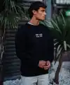Erkek Bisiklet Yaka 3 İplik Pamuklu Baskılı SweatShirt - Siyah